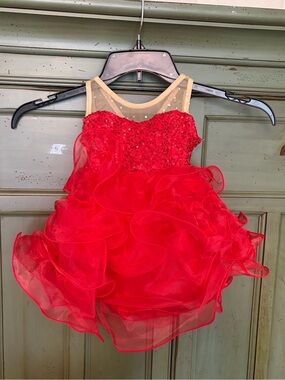 Art Stone Sparkling Red Ruffle Dance Costume with Sheer Neck